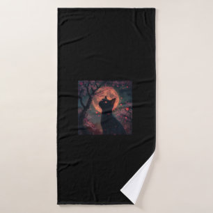 Crimson Night_ Black Cat with Sakura Bloom Bath Towel