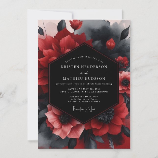 Crimson Noir Bloom Wedding Invitation (Front)