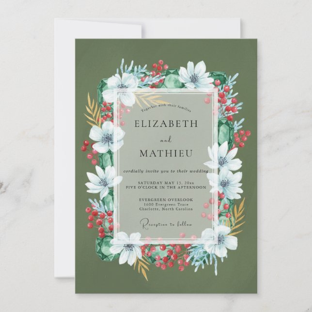 Crimson Olive Blossom Wedding Invitation (Front)