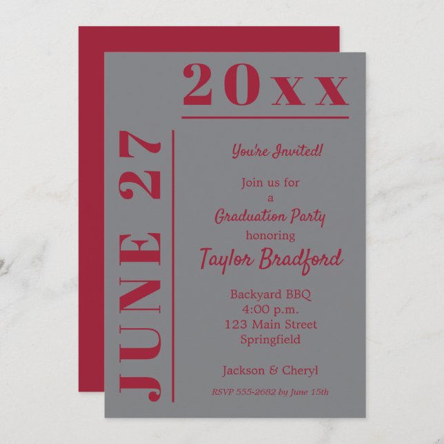 Crimson on Grey Graduation Party Invitations (Front/Back)