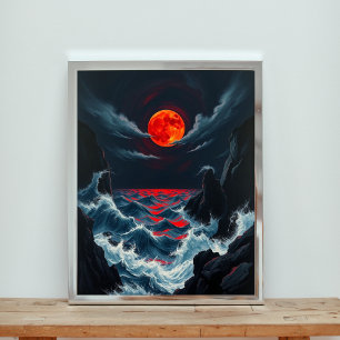 Crimson Orb Over Tempestuous Sapphire Seas Poster