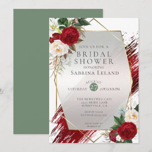 Crimson Paint Stroke and Modern Scarlet Peonies Invitation