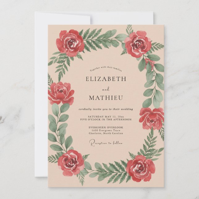 Crimson Painterly Botanical Romance Wedding Invitation (Front)