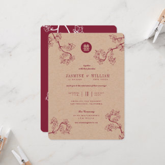 Crimson Peach/Plum Blossoms Kraft Chinese Wedding Invitation