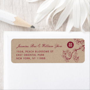 Crimson Peach/Plum Blossoms Kraft Chinese Wedding  Return Address Label