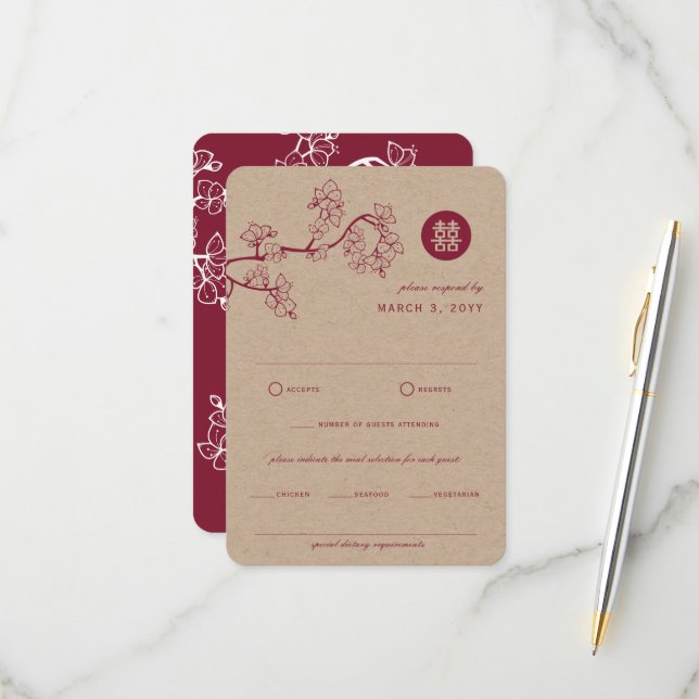 Crimson Peach/Plum Blossoms Kraft Chinese Wedding RSVP Card (Front/Back In Situ)