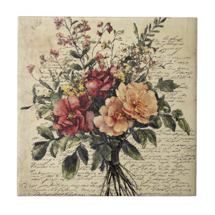 Crimson Peach Vintage Rose Bouquet Ceramic Tile