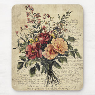 Crimson Peach Vintage Rose Bouquet Mouse Pad