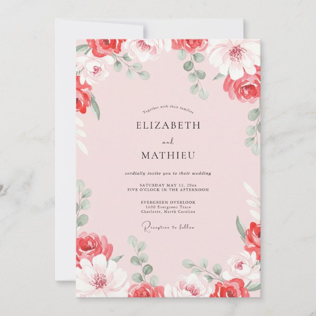 Crimson Peony Blush Wedding Invitation (Front)