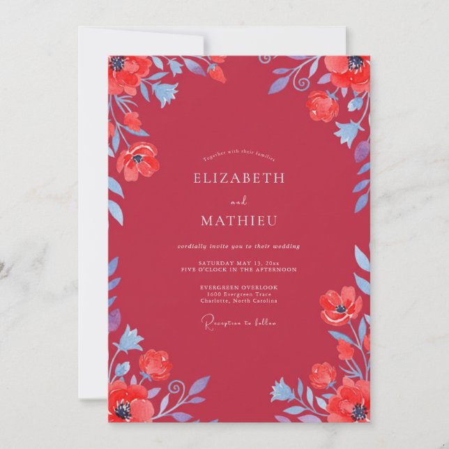 Crimson Periwinkle Wildflower Wedding Invitation (Front)