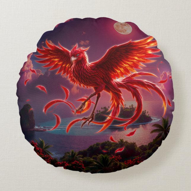 Crimson Phoenix of the Moonlit Tide.  Round Cushion (Front)