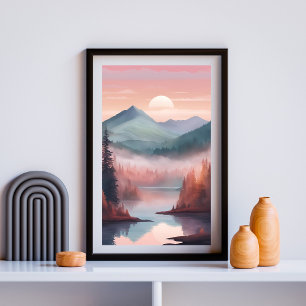 Crimson Pines – Dreamy Forest Sunrise Landscape Ar Poster