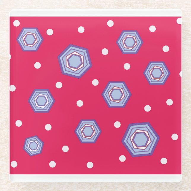 Crimson Pink with Hexagons Glass Drink Coaster (Front)