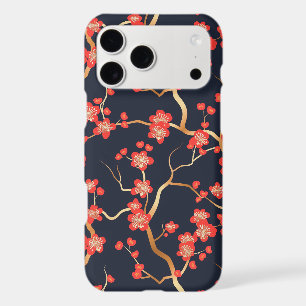 Crimson Plum Blossom Gold Bronze Navy Floral