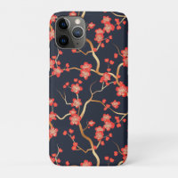 Crimson Plum Blossom Gold Bronze Navy Floral