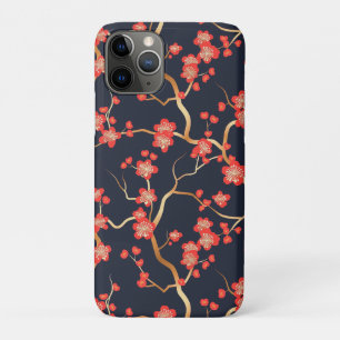 Crimson Plum Blossom Gold Bronze Navy Floral iPhone 11 Pro Case