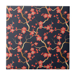 Crimson Plum Blossom Gold Bronze Navy Floral Ceramic Tile