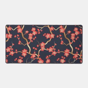 Crimson Plum Blossom Gold Bronze Navy Floral Desk Mat
