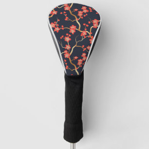 Crimson Plum Blossom Gold Bronze Navy Floral Golf Head Cover