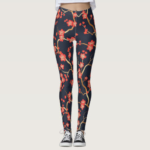 Crimson Plum Blossom Gold Bronze Navy Floral Leggings