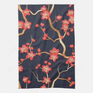 Crimson Plum Blossom Gold Bronze Navy Floral Tea Towel