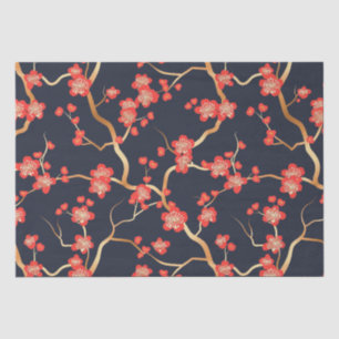 Crimson Plum Blossom Gold Bronze Navy Floral Tissue Paper