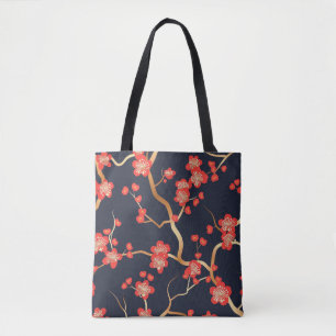 Crimson Plum Blossom Gold Bronze Navy Floral Tote Bag