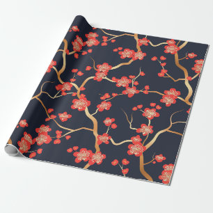 Crimson Plum Blossom Gold Bronze Navy Floral Wrapping Paper