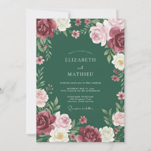 Crimson Plum Ranunculus Grey Eucalyptus Wedding Invitation