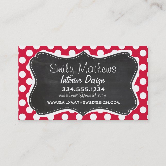 Crimson Polka Dots; Chalkboard look Business Card (Front)