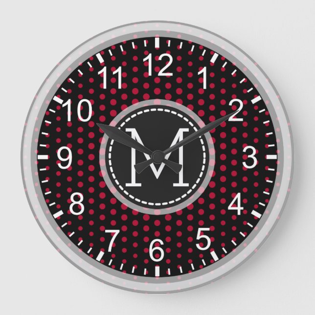 Crimson Polka Dots Modern Monogram Large Clock (Front)