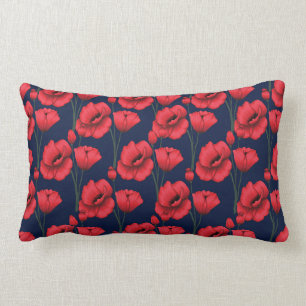 Crimson Poppies on Navy Blue Lumbar Cushion
