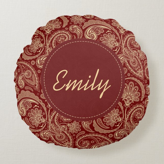Crimson Red And Beige Cream Paisley Round Cushion (Front)