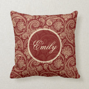 Crimson Red And Beige Creme Vintage Paisley Cushion