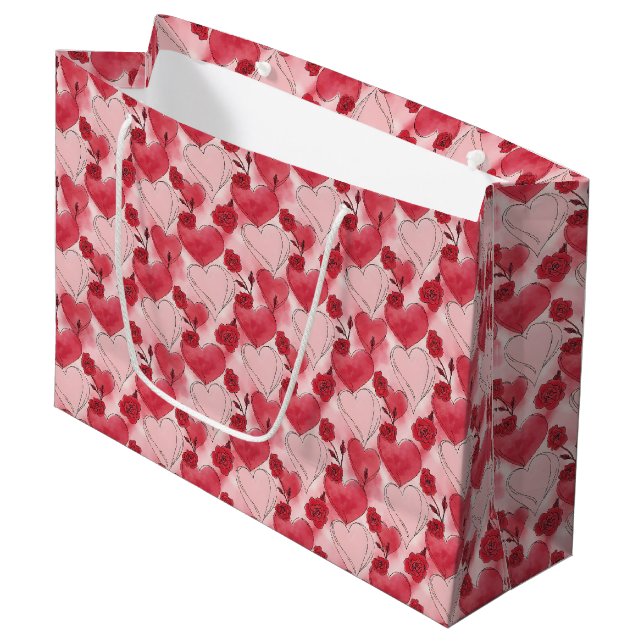 Crimson Red and Blush Pink Hearts and Roses  Large Gift Bag (Front Angled)