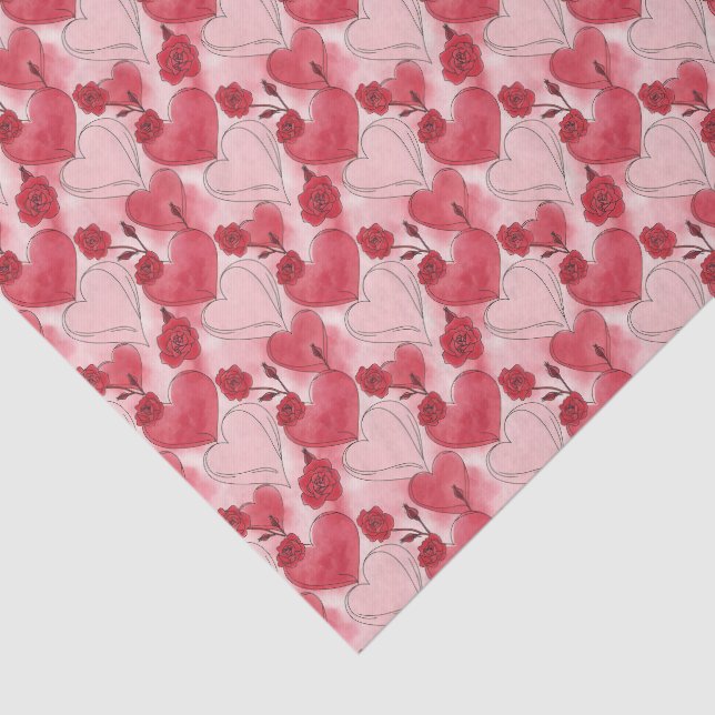 Crimson Red and Blush Pink Hearts and Roses  Tissue Paper (Detail)