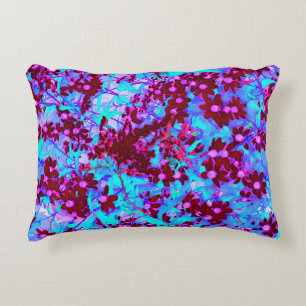 Crimson Red and Pink Wildflowers on Blue Decorative Cushion