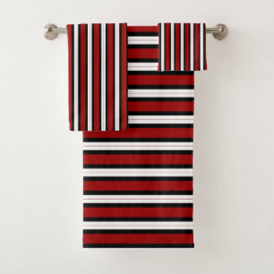 Crimson Red, Black and white stripes Bath Towel Set