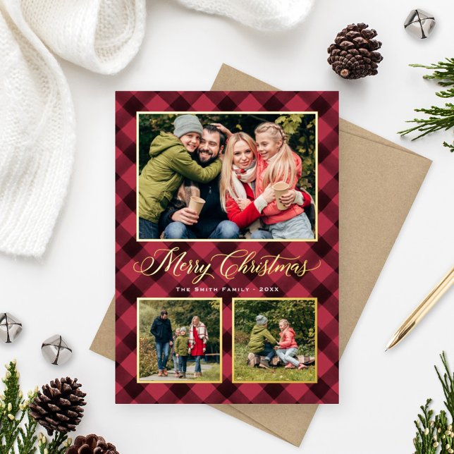Crimson Red Buffalo Plaid Christmas Photo Collage Foil Holiday Card (Creator Uploaded)