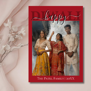 Crimson Red Calligraphy Photo Happy Diwali Holiday Card