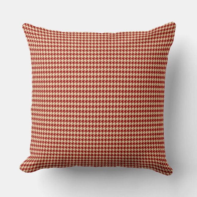 Crimson Red & Cream Houndstooth Geometric Pattern Cushion (Front)