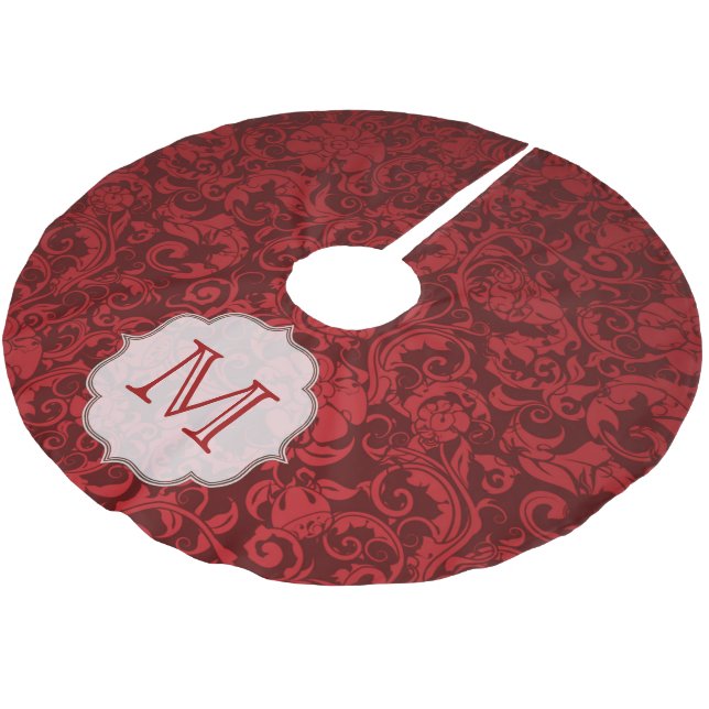 Crimson Red Damask Lac Monogram Initial Tree Skirt (Angled)