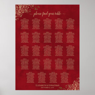 Crimson Red & Gold 24 Table Wedding Seating Chart