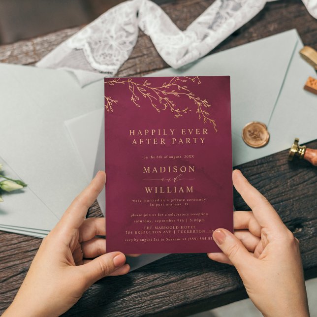 Crimson Red & Gold Botanical Elegant Elopement Invitation (Creator Uploaded)