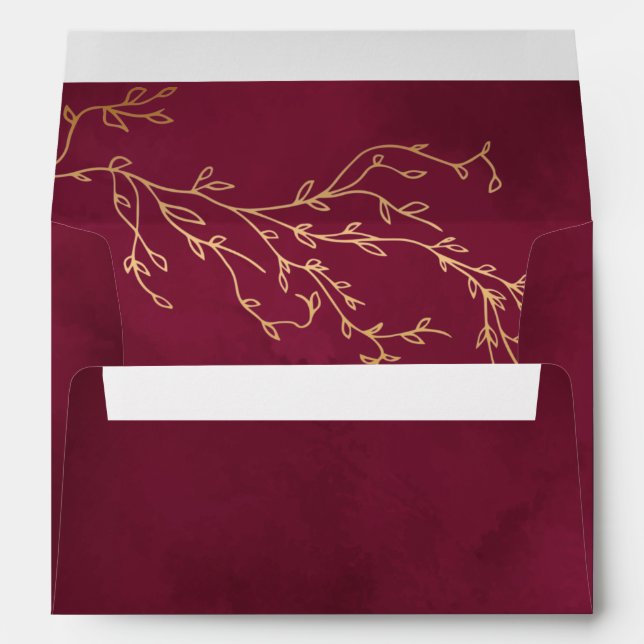 Crimson Red & Gold Botanical Elegant Wedding Envelope (Back (Bottom))
