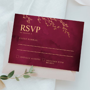 Crimson Red & Gold Botanical Elegant Wedding RSVP Card