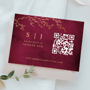 Crimson Red & Gold Botanical QR Code Wedding RSVP Card