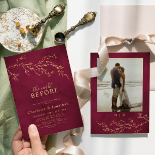 Crimson Red & Gold Botanical Rehearsal Dinner Invitation