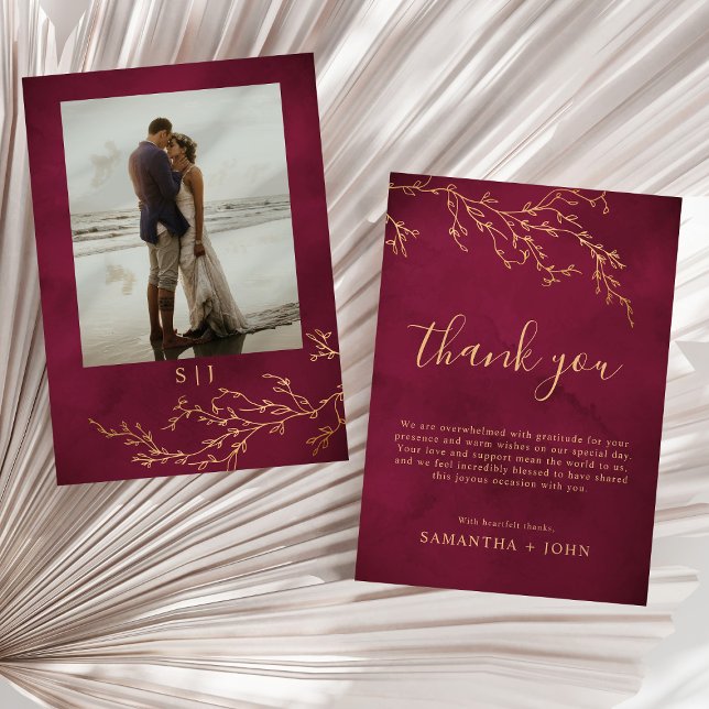 Crimson Red & Gold Botanical Wedding Photo Thank You Card (Creator Uploaded)
