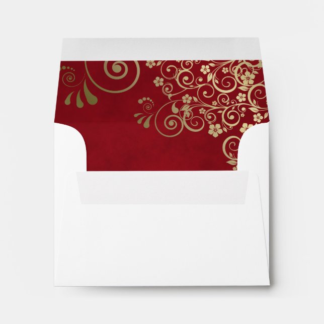 Crimson Red & Gold Curls Inside White Wedding RSVP Envelope (Back (Bottom))